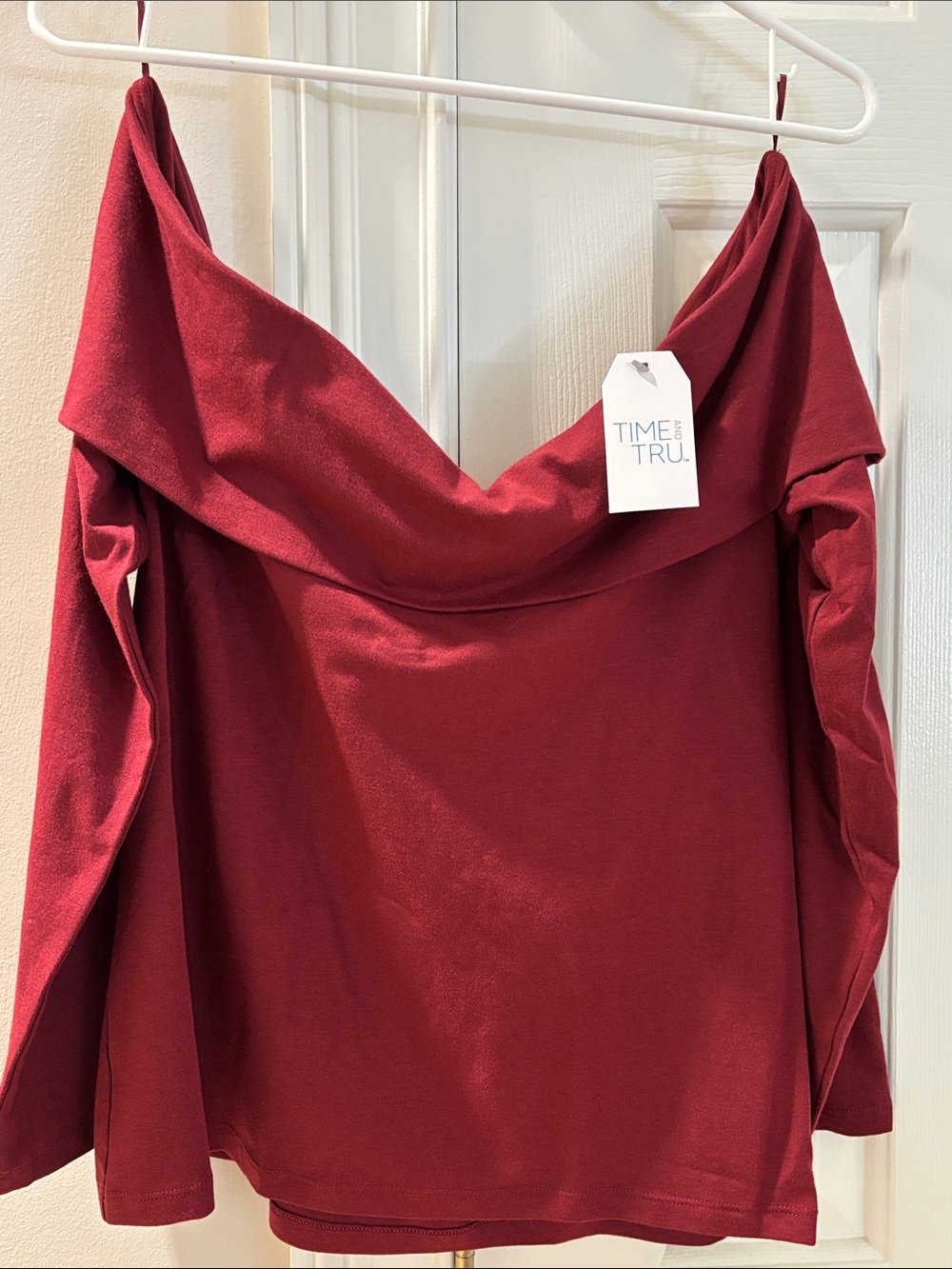 Time and Tru Off-Shoulder Long Sleeve Top in Deep Red